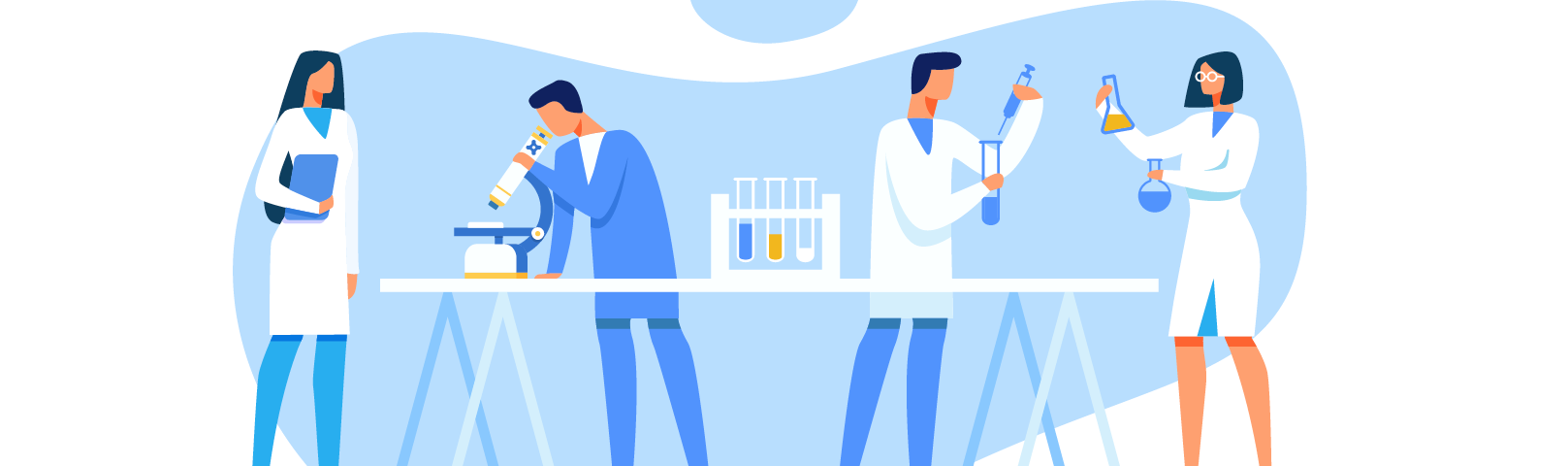 Illustrations on scientists in white coats checking beakers full of fluid