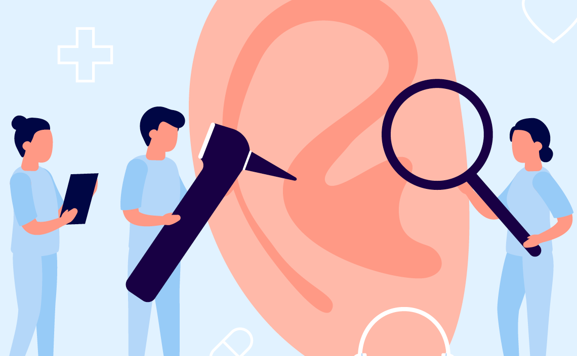 an illustration of miniature hearing care specialists holding an otoscope and magnifying glass up to a large ear