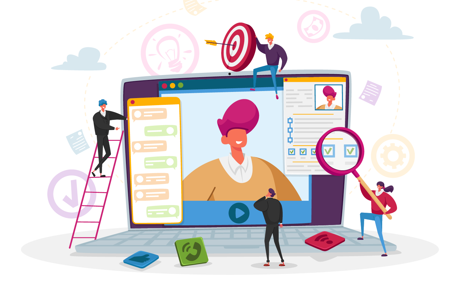 an illustration of tiny people working on a large computer monitor
