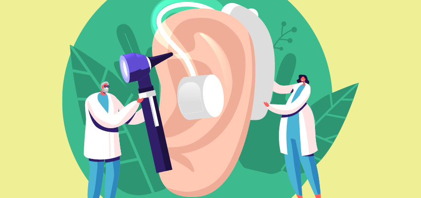 An illustration of two doctors using oversized stethoscope and fitting oversized hearing aids