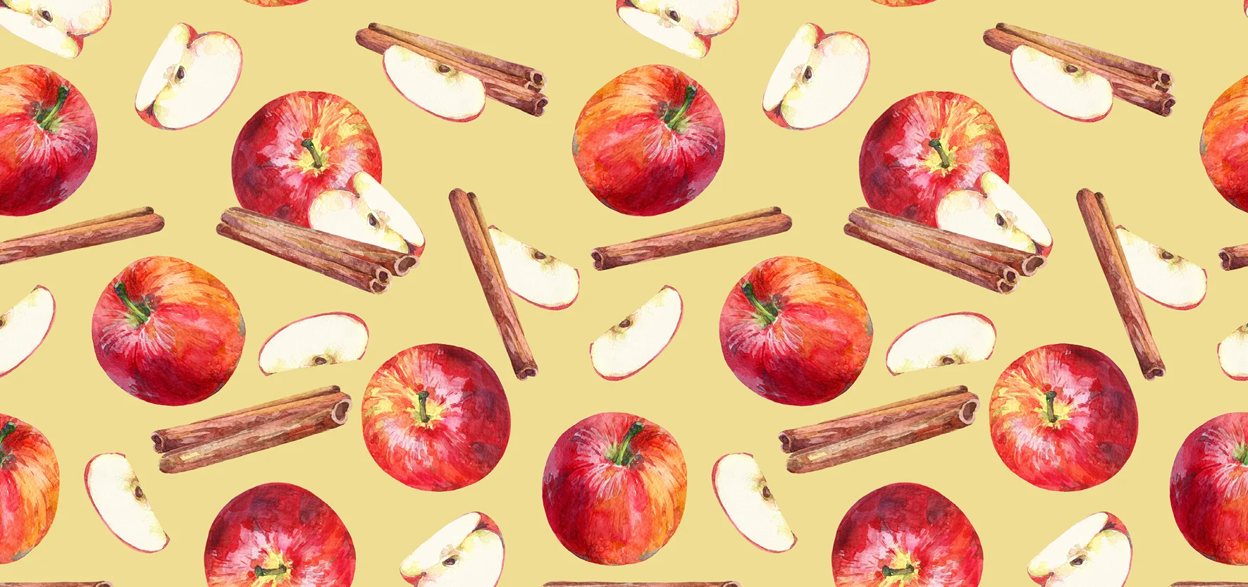 An illustration of whole apples, apple slices, and cinnamon