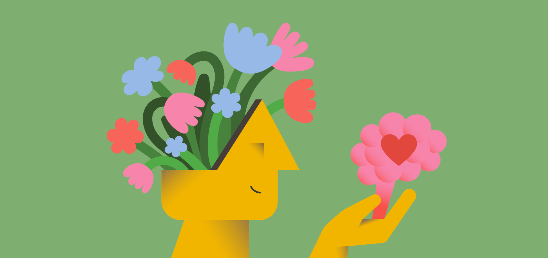 An illustration of a vase shaped like a human head with pink, salmon, and blue flowers