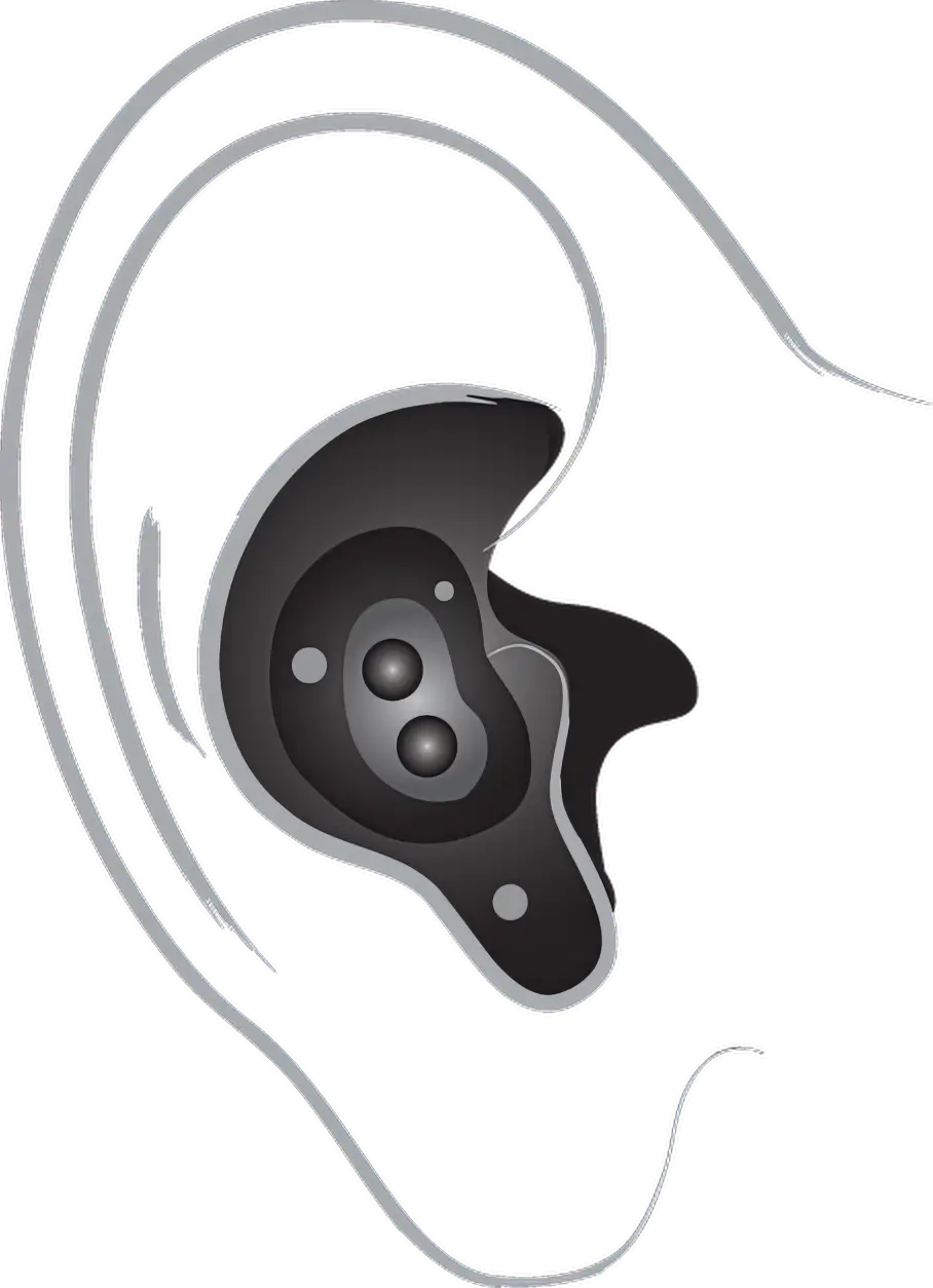 Detailed technical drawing of an in-ear headphone, showing its shape and components in relation to a human ear.