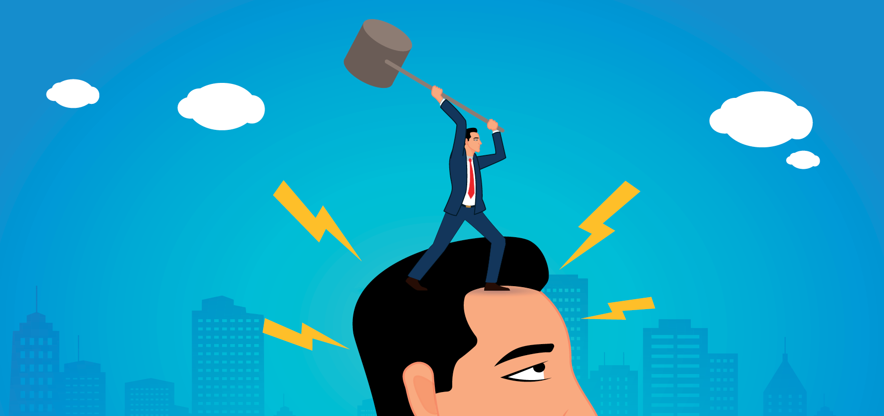 A businessman with a large mallet stands on top of a man's head, appearing to cause a headache