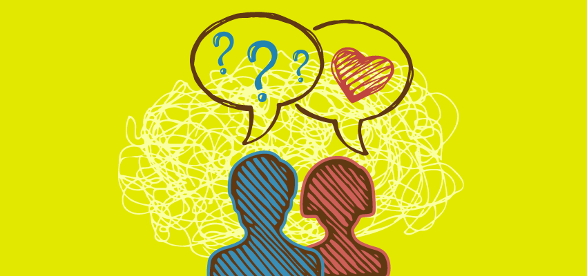 An illustration showing two people with speech bubbles above them, one containing question marks and the other a heart, symbolizing communication