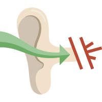 An illustration depicting sound waves represented by green lines, being blocked by a barrier, symbolizing hearing loss.