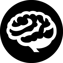 Solid black brain icon on a circular background.