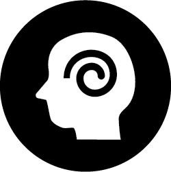 A black circle with a white silhouette of a head featuring a spiral inside, symbolizing dizziness.