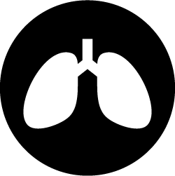 Solid black icon of human lungs within a circular border.