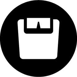 A solid black scale icon within a circular outline, representing weight measurement.