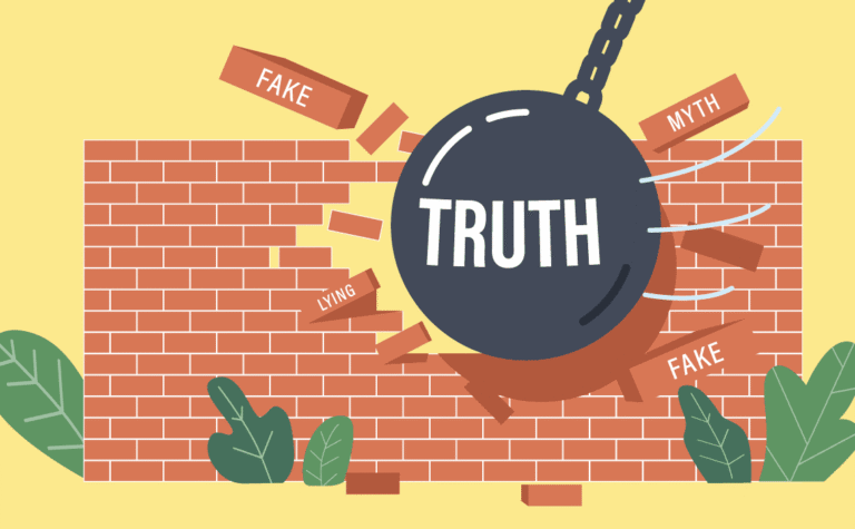 A wrecking ball labeled TRUTH smashes through a brick wall, scattering individual bricks labeled FAKE, LYING, and MYTH
