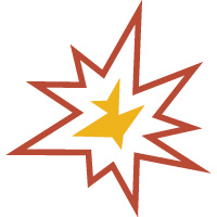 A stylized explosion graphic with red jagged edges and a yellow star in the center.