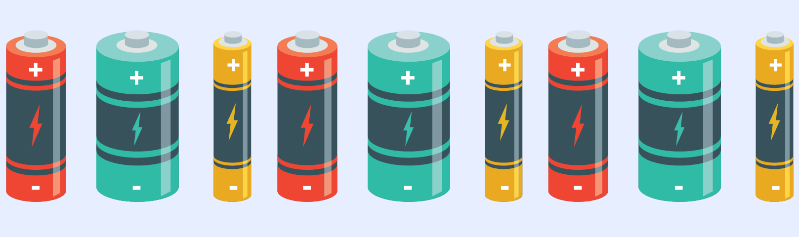 Illustration of different sized batteries standing in a line colored red, teal, and yellow
