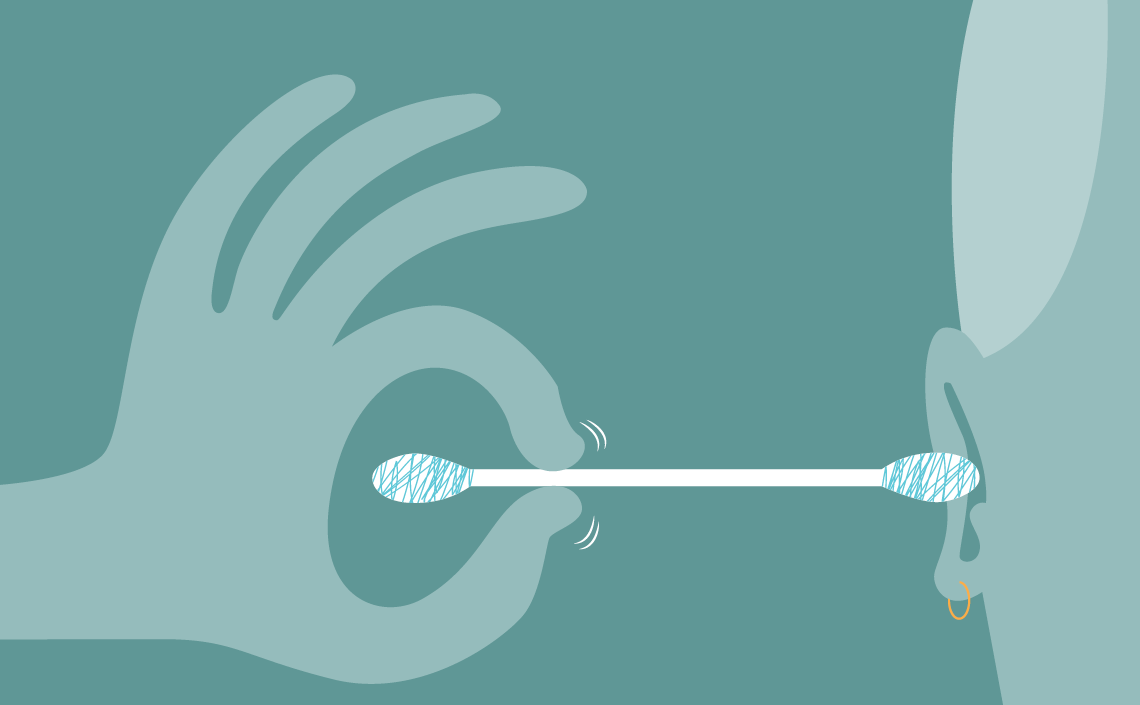 an illustration of a person inserting a q-tip into their ear